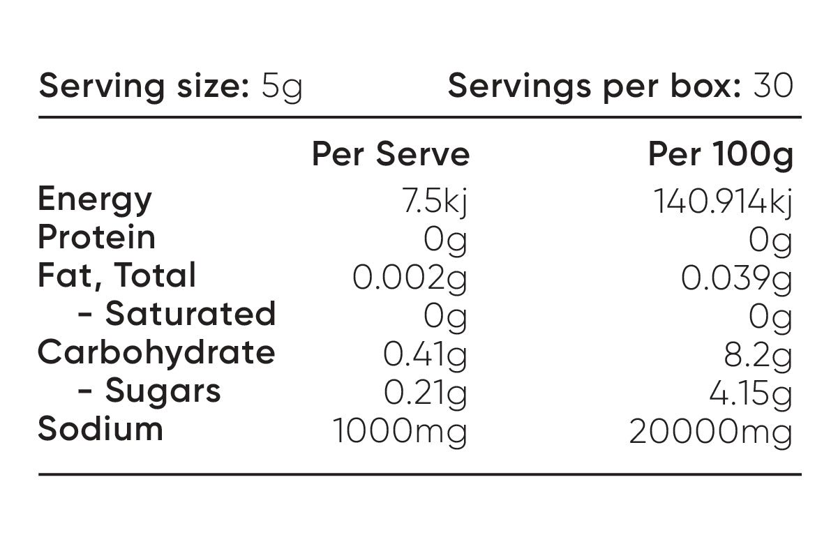 Nutrition facts showing energy, protein, fat, carbs, sugars, and 1000mg sodium per serve for Salty Pineapple - 30 Serve Tub by Sodii.