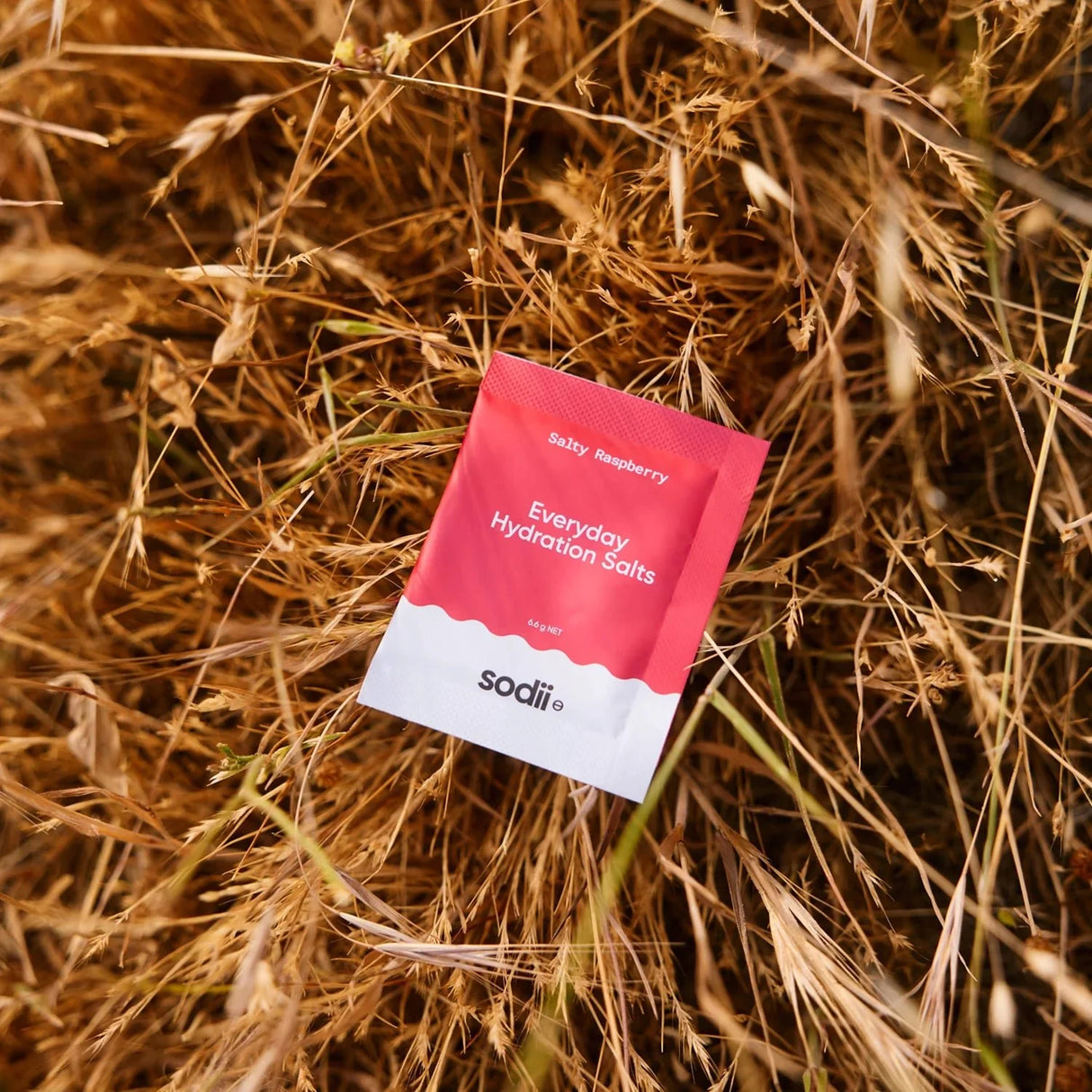 Salty Raspberry - 30 Sachets by Sodii sits among dry grass, part of Drinks and Electrolytes collections.