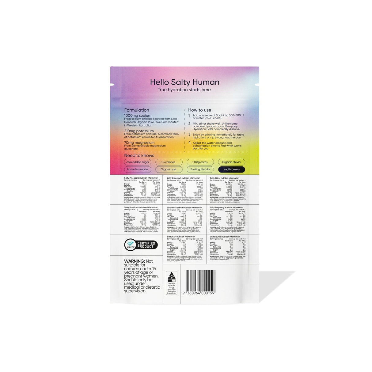 Back of Sodii Salty Variety Pack - 8 Sachets showing ingredients, usage, and hydration info for electrolyte drinks.