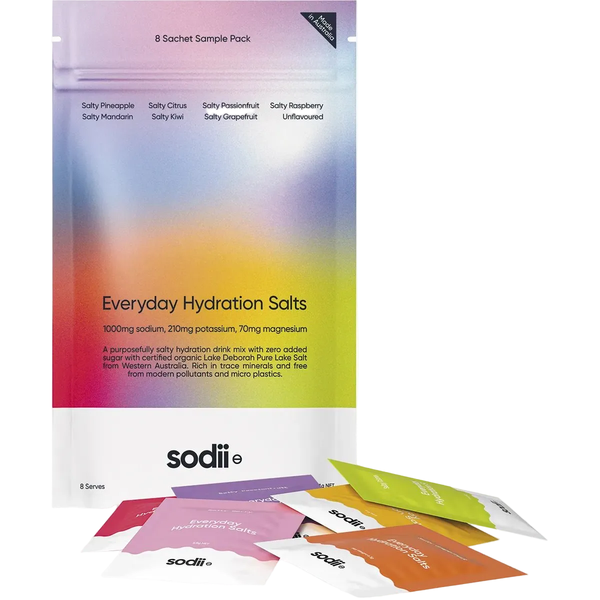 Sodii Salty Variety Pack - 8 Sachets with colorful electrolyte sachets for hydration, part of Drinks and Electrolytes collections.