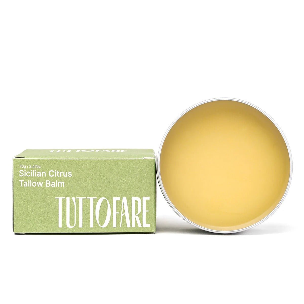 Sicillian Citrus Tallow Balm - 70g by Tuttofare in open tin beside green branded box in clean skincare product shot