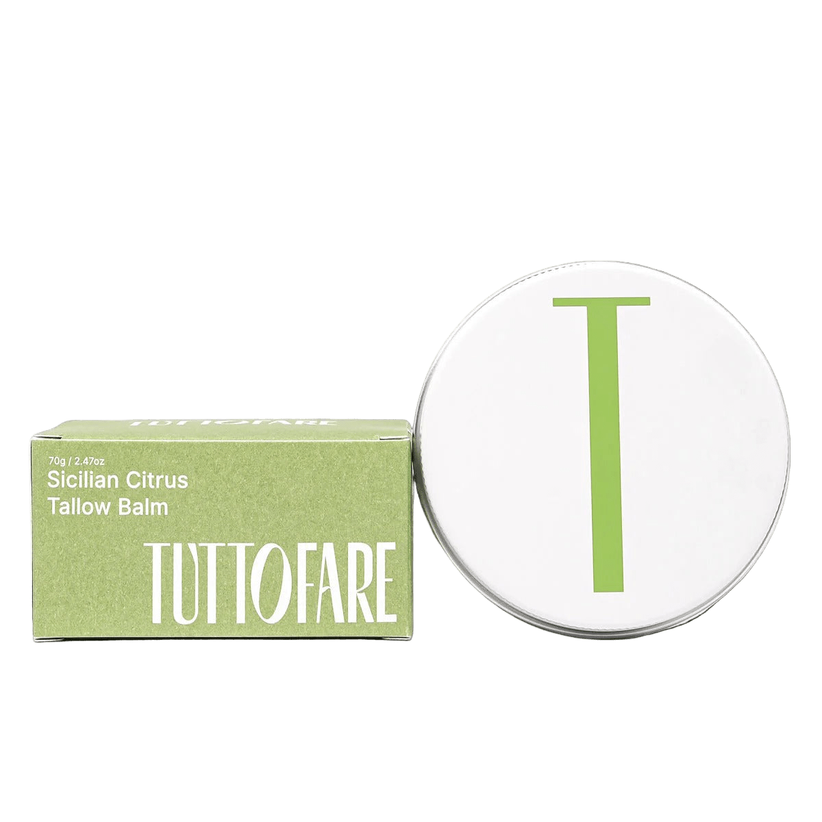 Sicillian Citrus Tallow Balm - 70g by Tuttofare with green packaging and white lid, for skincare and body care use