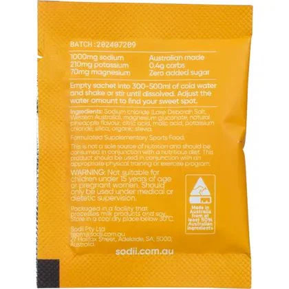 Sodii - Single Sachet electrolyte mix nutrition facts and usage directions with Australian made labeling on orange packaging.