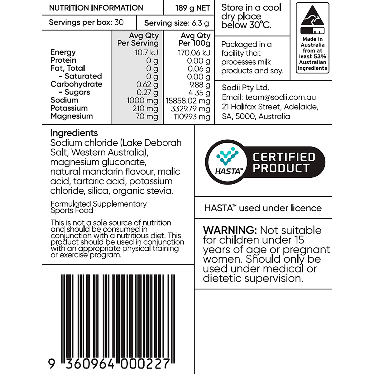 Nutrition label and warning for Sodii - Single Sachet by Sodii, electrolyte sachet with Australian ingredients and certification.