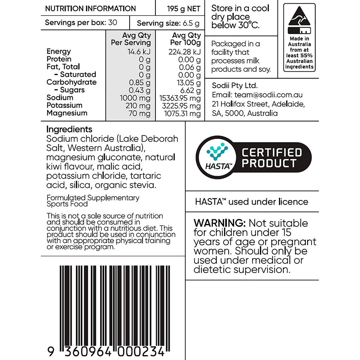 Sodii - Single Sachet nutrition label showing ingredients, minerals, usage warnings, and Australian certification details.