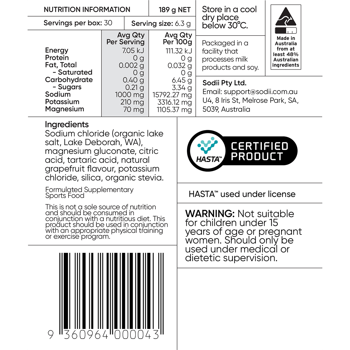 Nutrition facts and ingredient details of Sodii - Single Sachet by Sodii, an electrolyte supplement with organic salts.