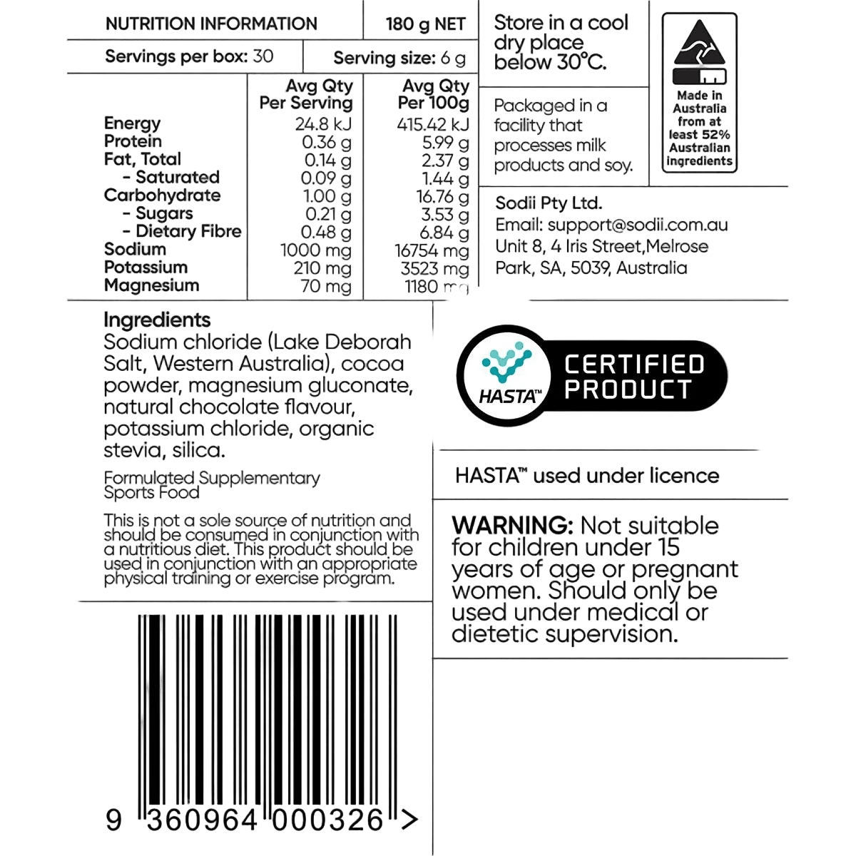 Back view of Sodii - Single Sachet packaging displaying nutritional information, ingredients, storage instructions, and a HASTA certification label, highlighting its keto and low carb suitability.