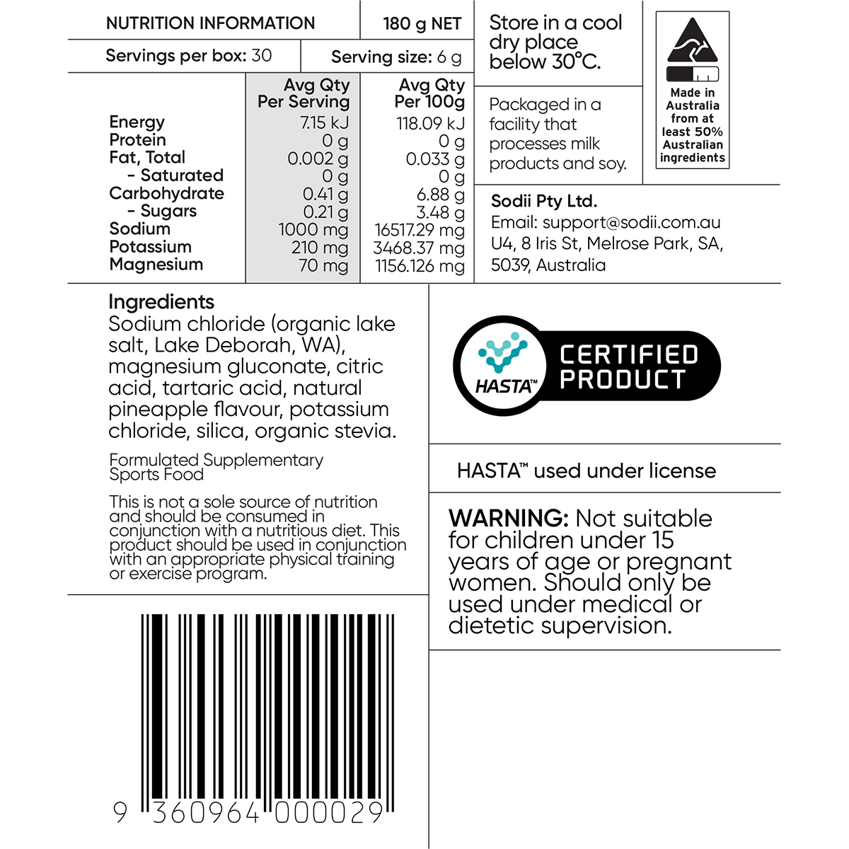 Nutrition facts and ingredients label for Sodii - Single Sachet, showing electrolyte content and usage warnings.