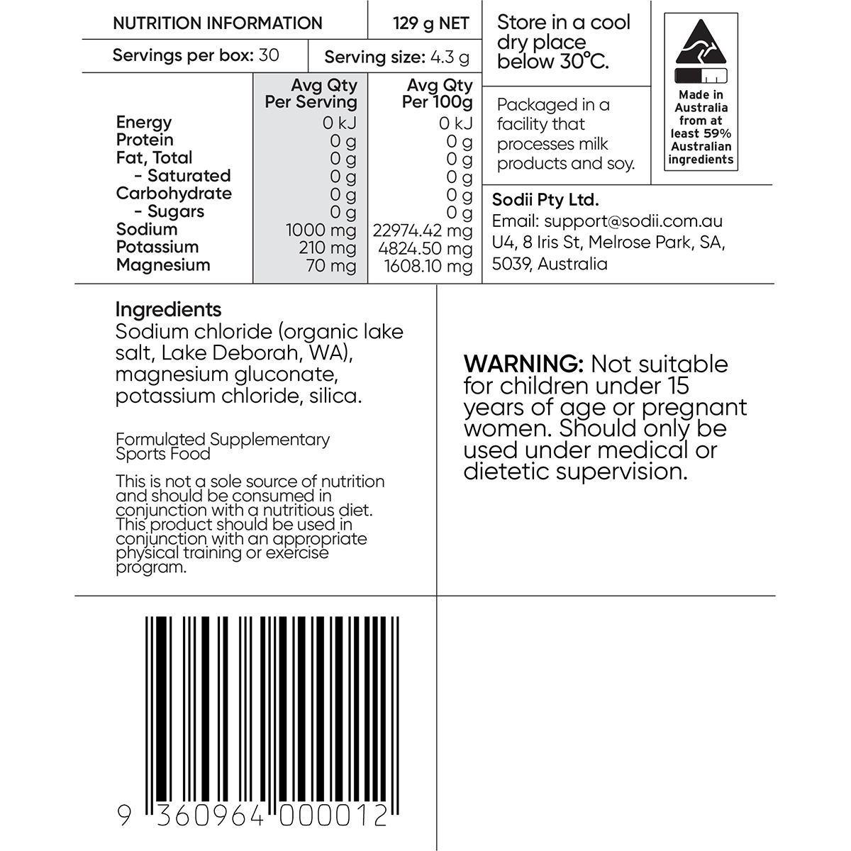 Nutrition facts and ingredient details for Sodii - Single Sachet electrolyte powder by Sodii, with Australian origin label and usage warning.