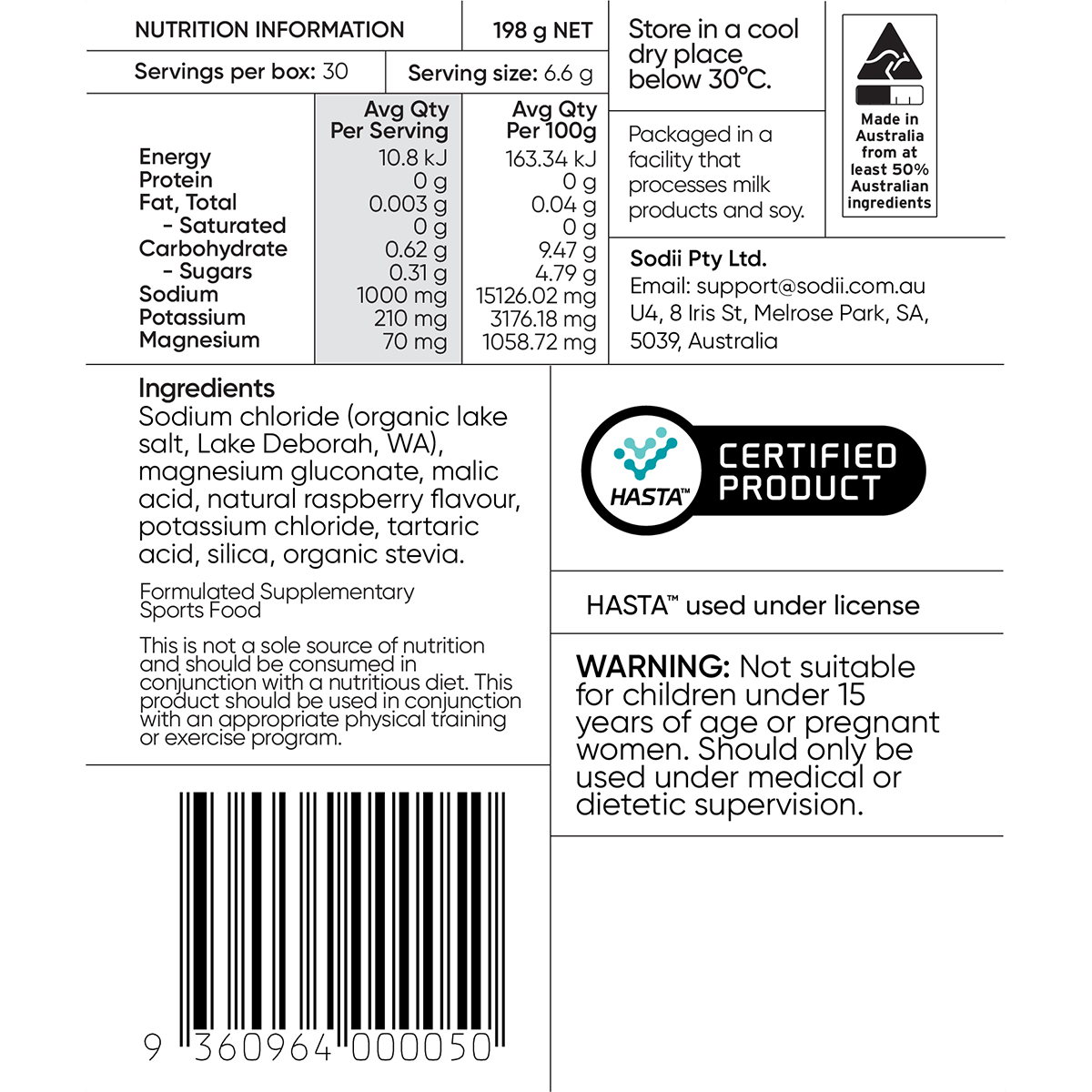 Nutrition label for Sodii - Single Sachet electrolyte drink powder with ingredients, warnings, and Australian certification details.
