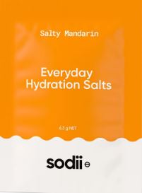 Sodii - Single Sachet Everyday Hydration Salts in Salty Mandarin flavor with bright orange and white packaging
