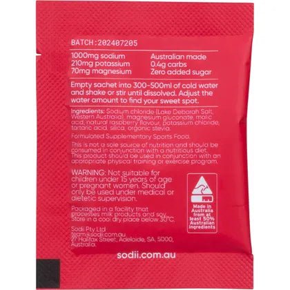 Sodii - Single Sachet red packet with electrolyte info including sodium, potassium, magnesium, and usage instructions.