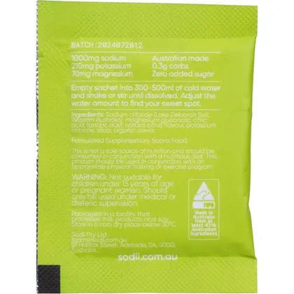 Sodii - Single Sachet electrolyte drink mix nutrition facts and ingredients label with Australian made logo and batch info.