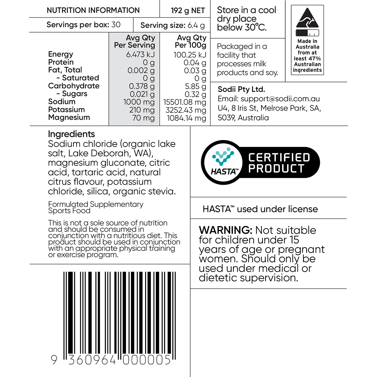 Sodii - Single Sachet nutrition facts and ingredient details with Australian made certification and safety warning.