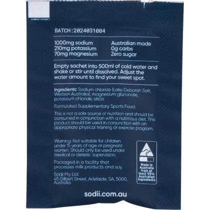 Sodii - Single Sachet back label showing electrolyte content, usage instructions, ingredients, and Australian made details.