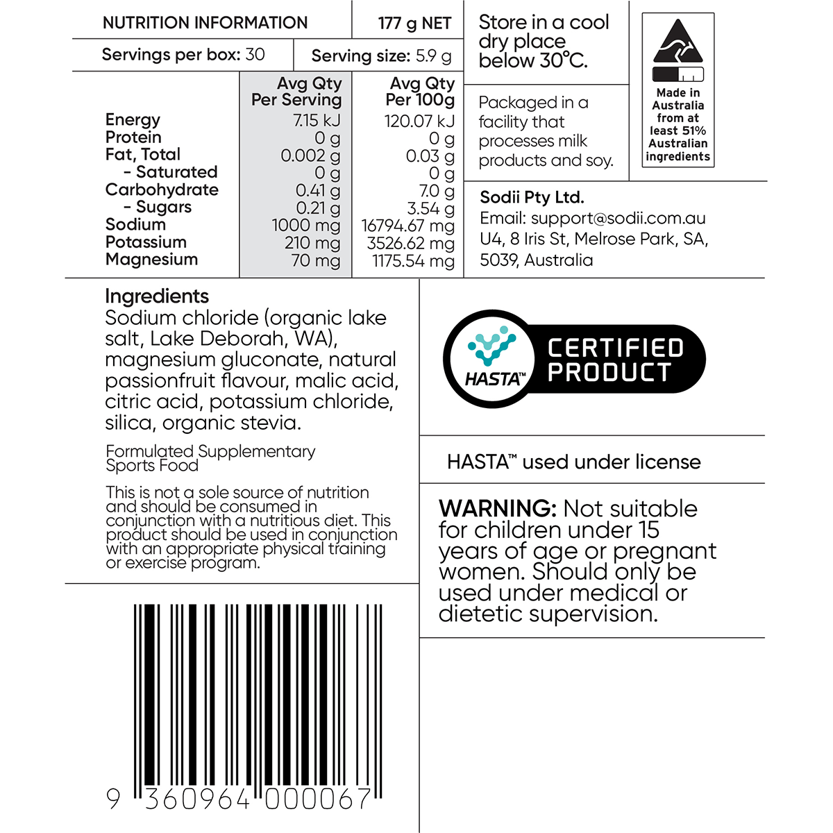 Sodii - Single Sachet nutrition label showing electrolyte content, organic ingredients, and Australian certification.
