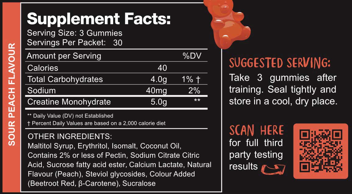 Swoleys Creatine Gummy Bears - Sour Peach with 5g creatine, low carb, keto-friendly supplement facts label and serving info.