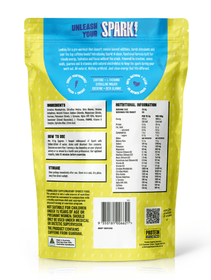 Back of Spark Pre-workout - Blue Raspberry - 250g pouch by Protein Supplies Australia with ingredients and nutrition facts.