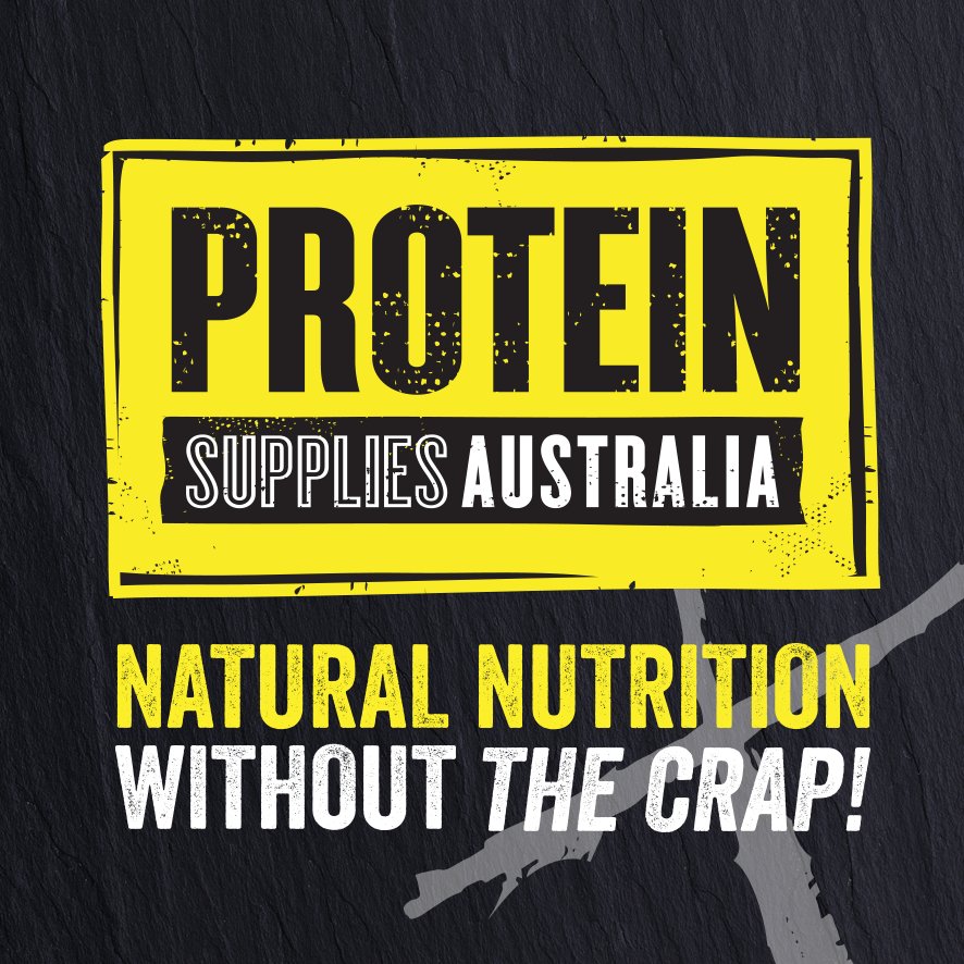 Protein Supplies Australia logo on black background with slogan Natural Nutrition Without The Crap in yellow and white text