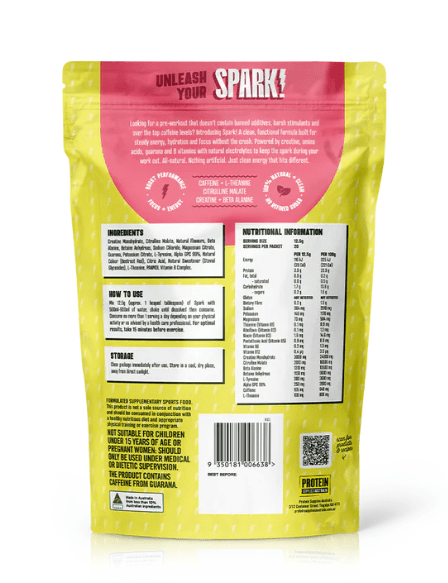 Back view of Spark Pre-workout - Strawberry Lime - 250g by Protein Supplies Australia, highlighting ingredients and nutrition facts.