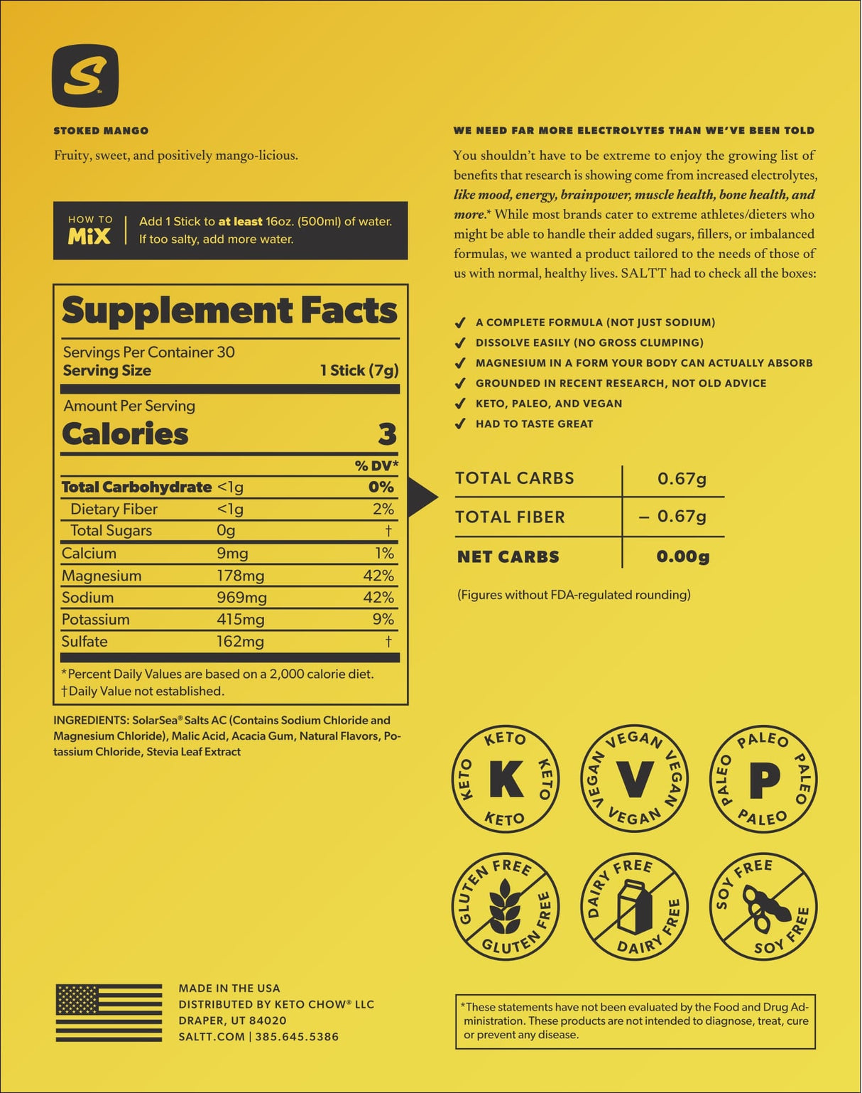 Stoked Mango Electrolyte Drink Mix - 30 Sticks supplement facts and benefits label by SALTT in yellow packaging