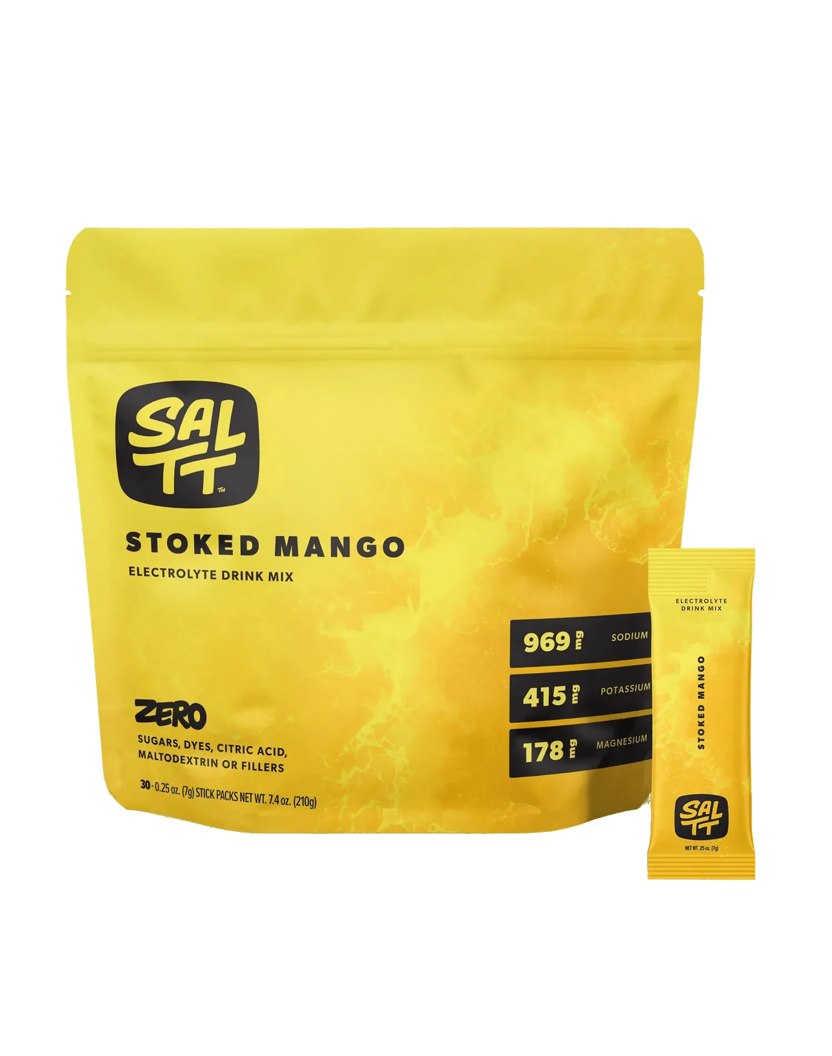 Stoked Mango Electrolyte Drink Mix - 30 Sticks by SALTT in bright yellow packaging with mineral content and zero sugar claims