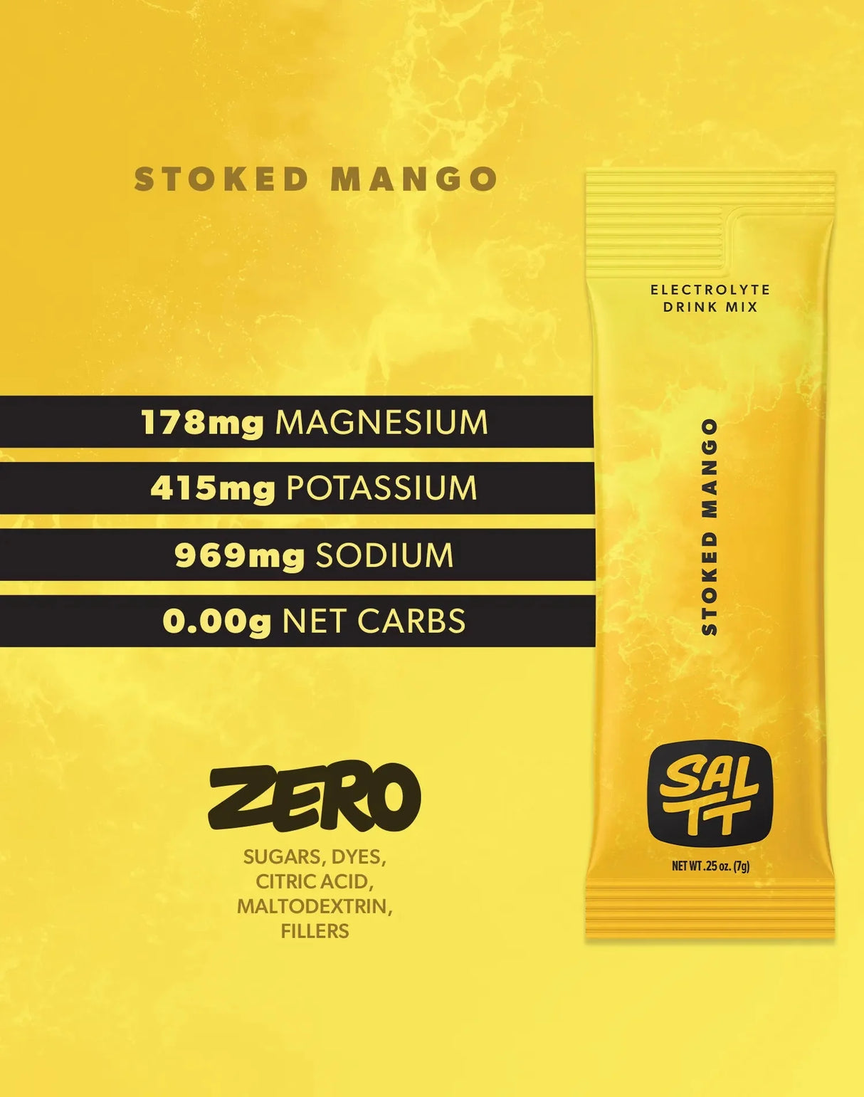 Stoked Mango Electrolyte Drink Mix - 30 Sticks with magnesium, potassium, sodium info by SALTT in yellow packaging.