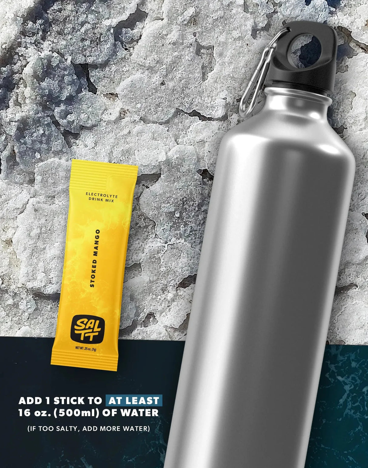 Stoked Mango Electrolyte Drink Mix - 30 Sticks by SALTT shown with silver bottle on textured background