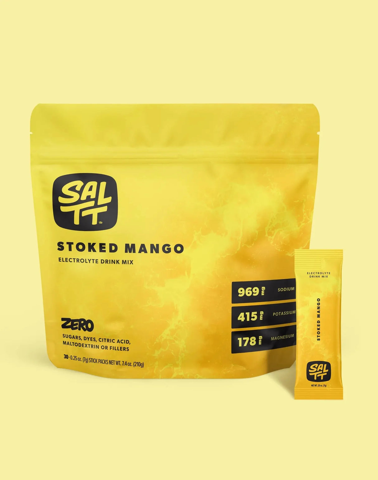 Stoked Mango Electrolyte Drink Mix - 30 Sticks by SALTT in bright yellow resealable pouch with single stick packet displayed