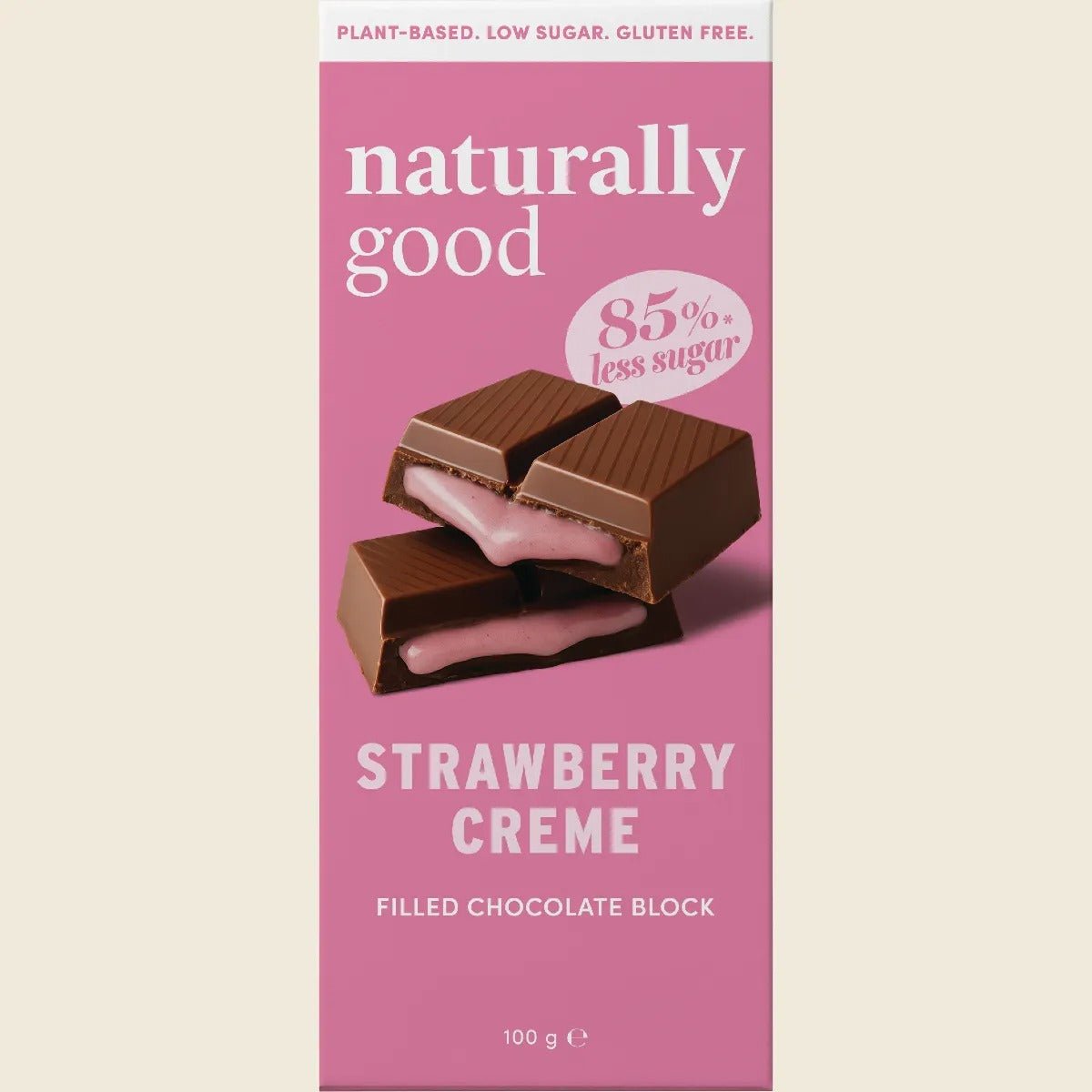 Strawberry Creme Filled Chocolate Block - 100g by Naturally Good, low sugar plant-based sweet snack in pink packaging