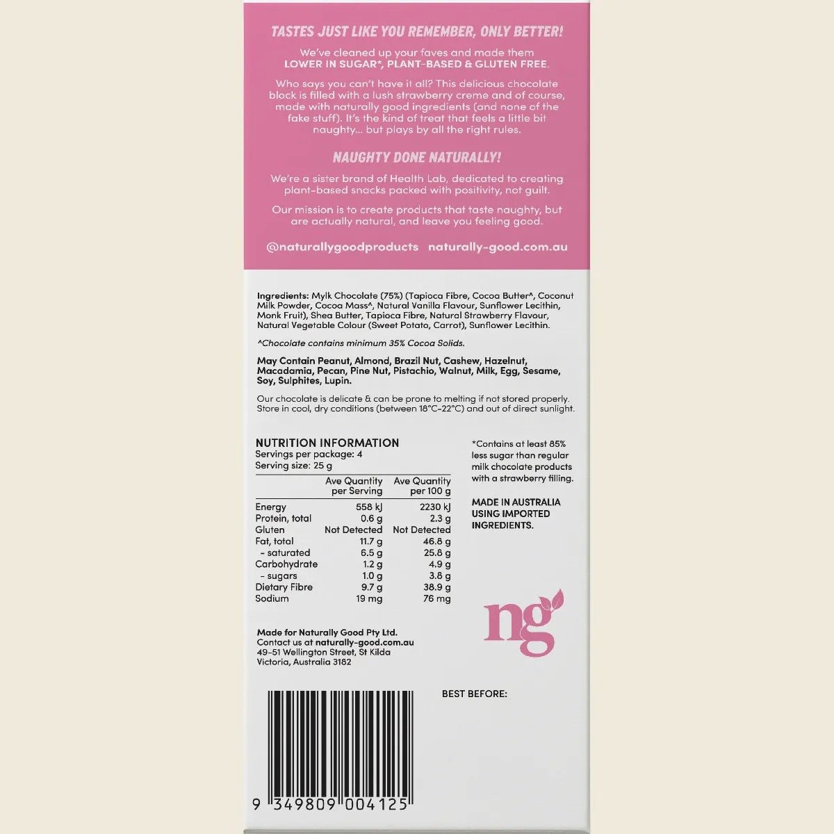 Back of Strawberry Creme Filled Chocolate Block - 100g packaging by Naturally Good showing ingredients, nutrition facts, and product details.
