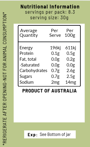 Nutritional information label for Sugar Free Jam - Strawberry - 250g by Aunt Mary's Jam, showing energy, protein, fat, carbs, sugars, and sodium.