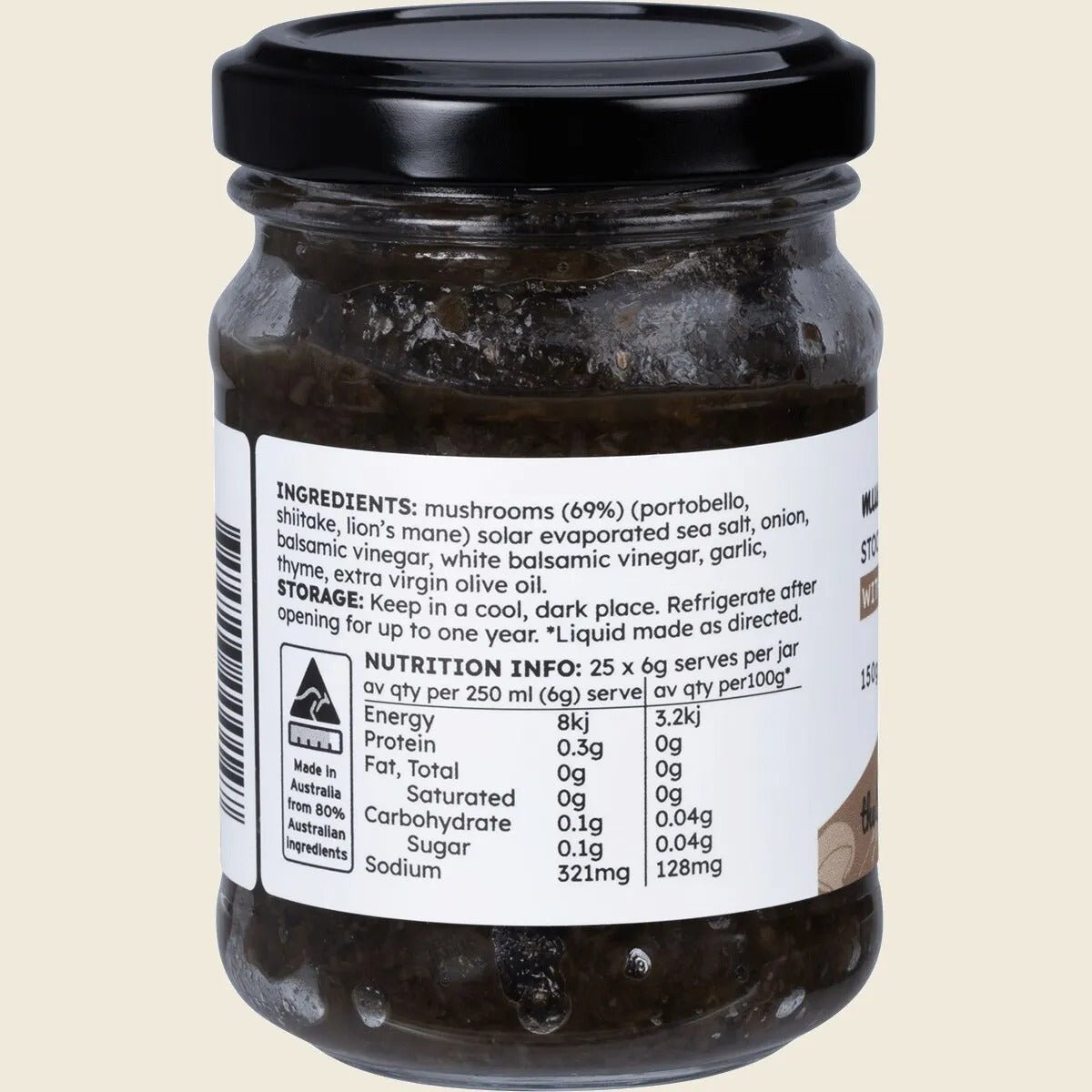 Back view of Superfood Mushroom Stock Concentrate - 150g jar showing ingredients and nutrition facts by The Broth Sisters.