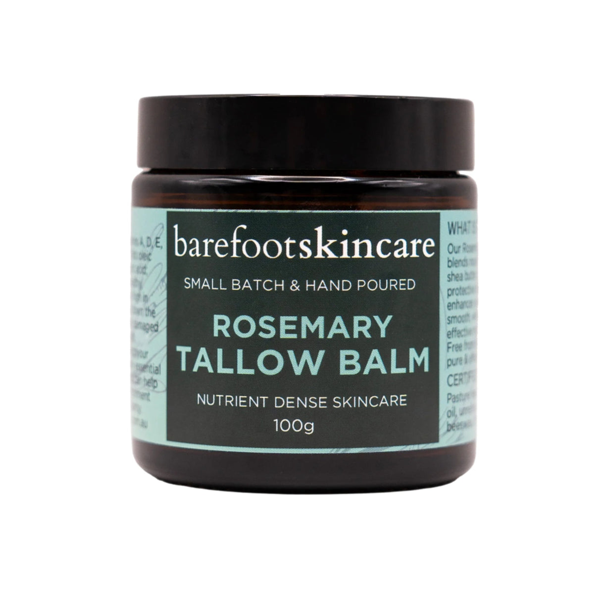 Tallow Balm - Rosemary - 100g by Barefoot Skincare Co in dark jar with mint green label for nutrient dense skincare.