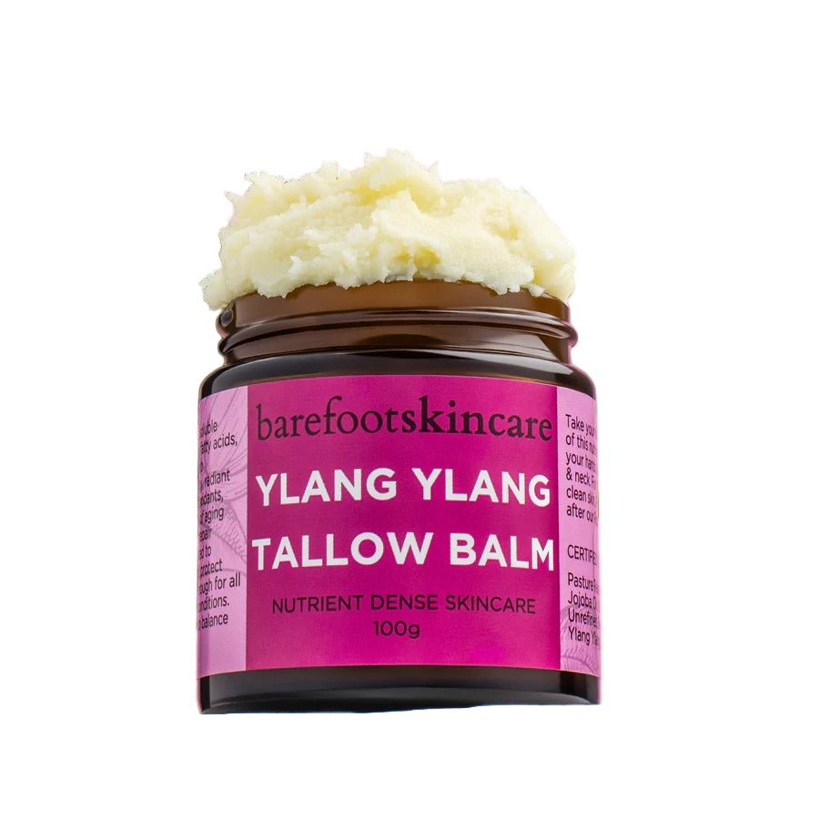 Tallow Balm - Ylang Ylang - 100g by Barefoot Skincare Co in amber jar with bright pink label, rich creamy texture visible on top