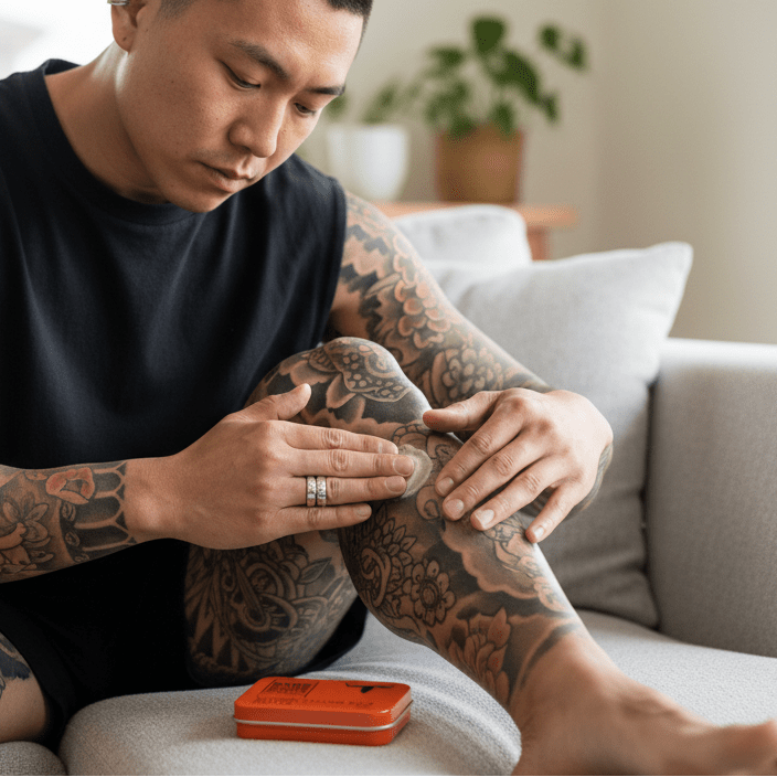 Man with tattoos applying Tattoo Tallow Balm - 40ml by Bare Bones Beauty on leg while seated indoors on couch