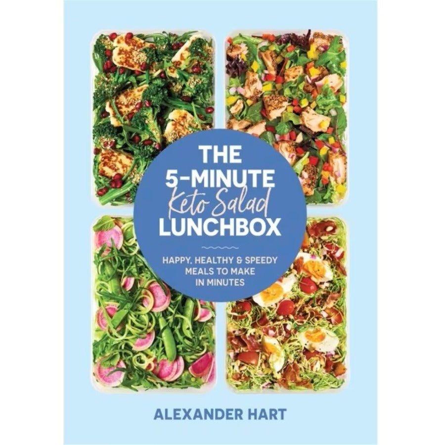 Cover of The 5-minute Keto Salad Lunchbox by Alexander Hart showing four colorful keto salad meals on light blue background