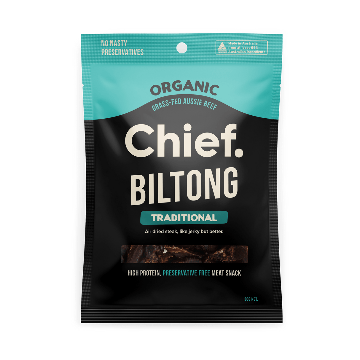 Traditional Beef Biltong - 30g by Chief, organic grass-fed Aussie beef, preservative-free savoury snack.