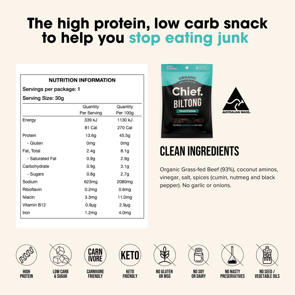 Packaging of Traditional Beef Biltong - 30g by Chief with nutrition facts and clean ingredient highlights