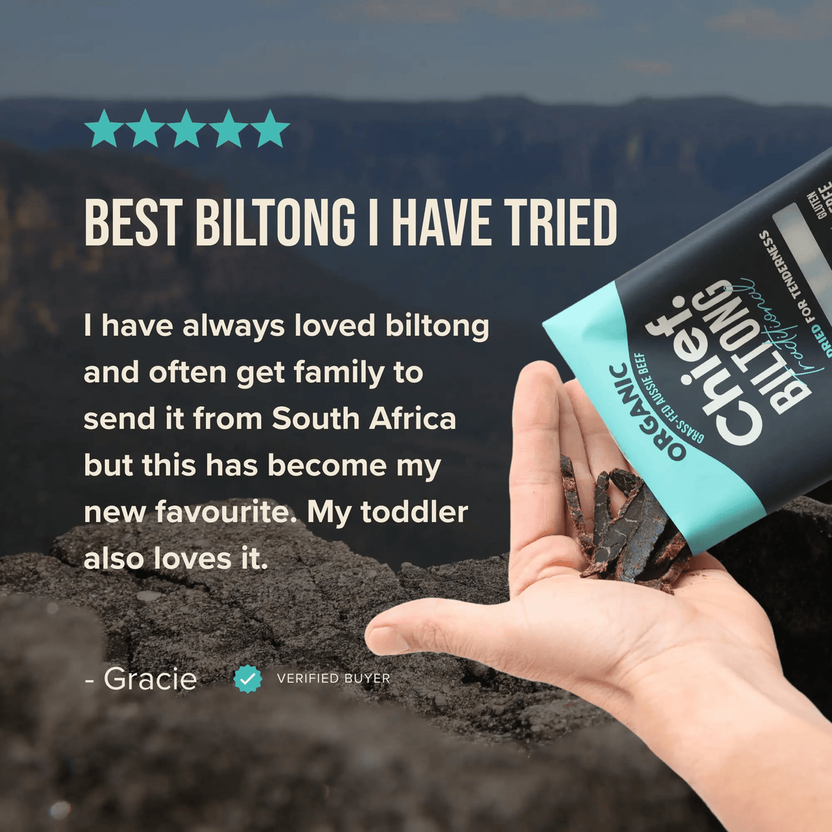 Hand holding Chief Traditional Beef Biltong - 30g snacks with a five-star customer review in the background.