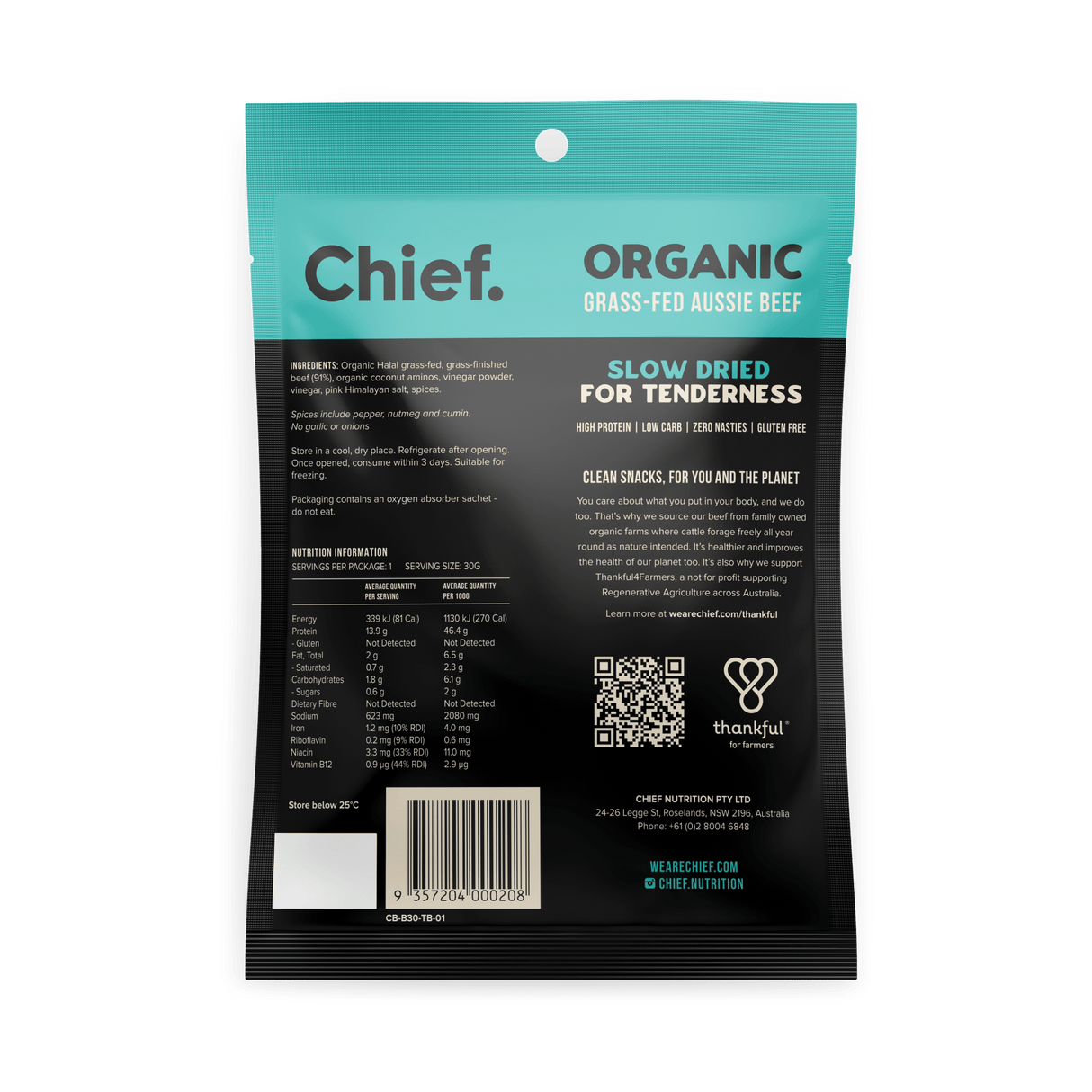 Back of Chief Traditional Beef Biltong - 30g pack showing organic ingredients, nutrition, and slow dried process details.