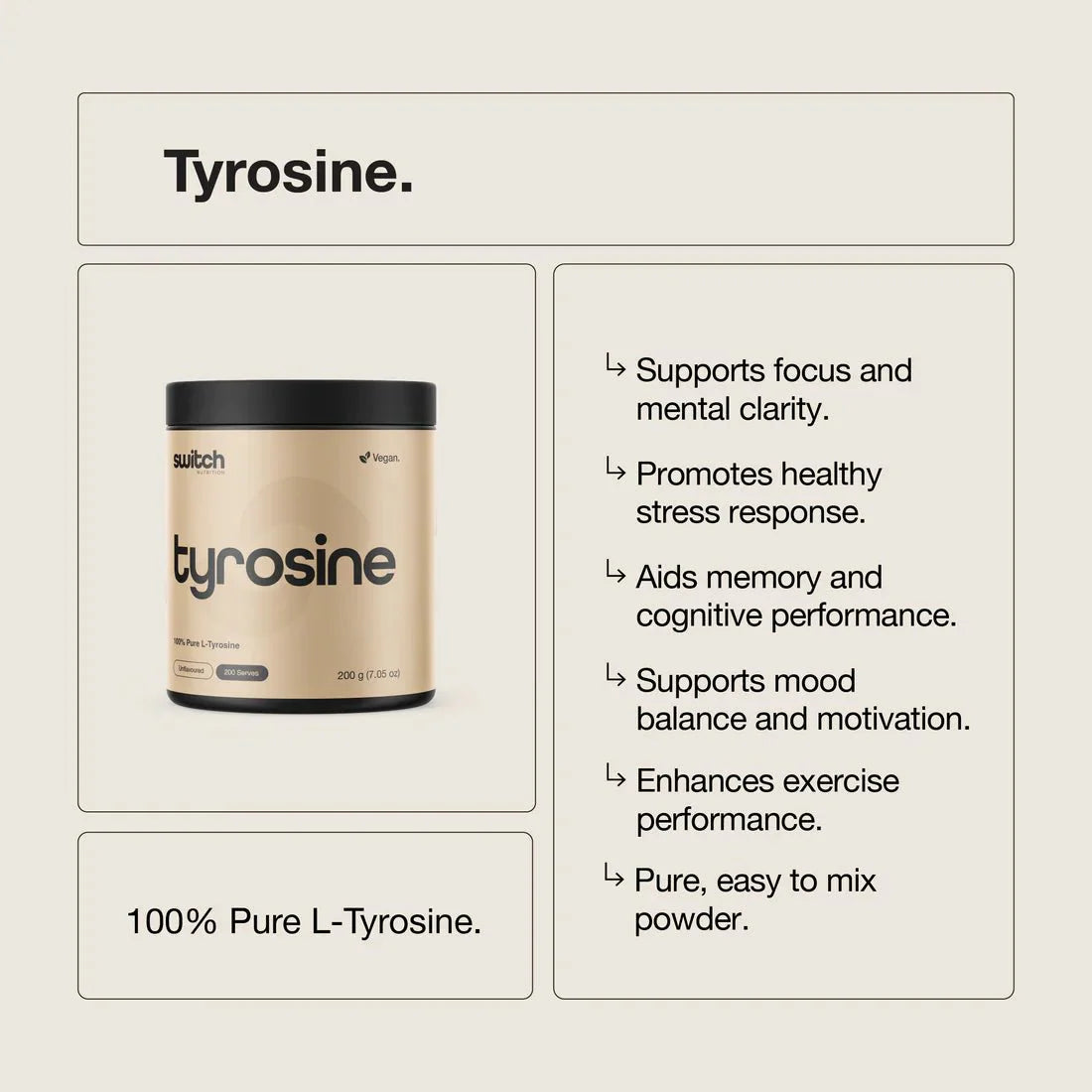 Tyrosine - 100% Pure L-Tyrosine Unflavoured - 200g by Switch Nutrition highlighting benefits and powder details.