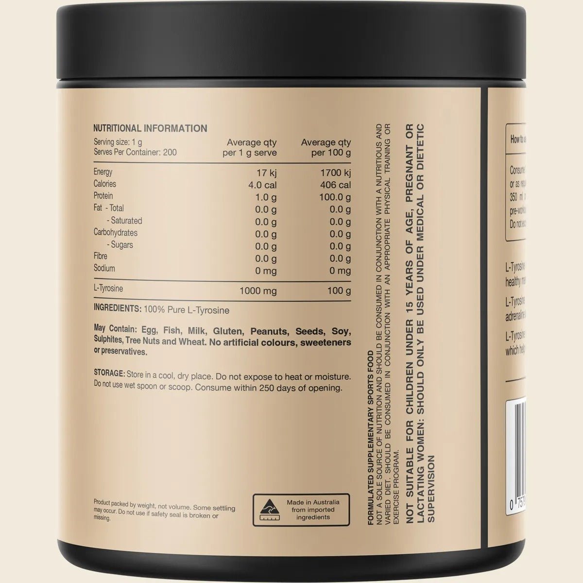 Back label of Tyrosine - 100% Pure L-Tyrosine Unflavoured - 200g by Switch Nutrition showing nutrition facts and ingredients.
