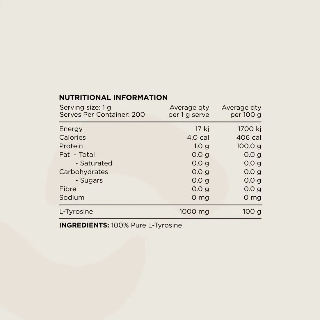 Nutritional facts for Tyrosine - 100% Pure L-Tyrosine Unflavoured - 200g by Switch Nutrition, low carb and keto friendly.