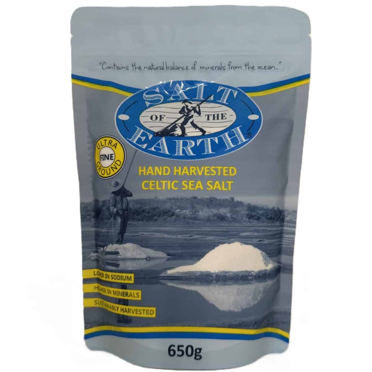 Ultra Fine Ground Celtic Sea Salt - 650g pouch by Salt of the Earth, hand harvested with mineral-rich sea salt.
