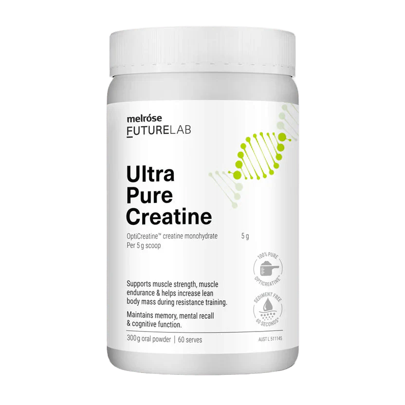 Ultra Pure Creatine - 300g by Melrose, white container with green DNA design, muscle and cognitive support supplement.