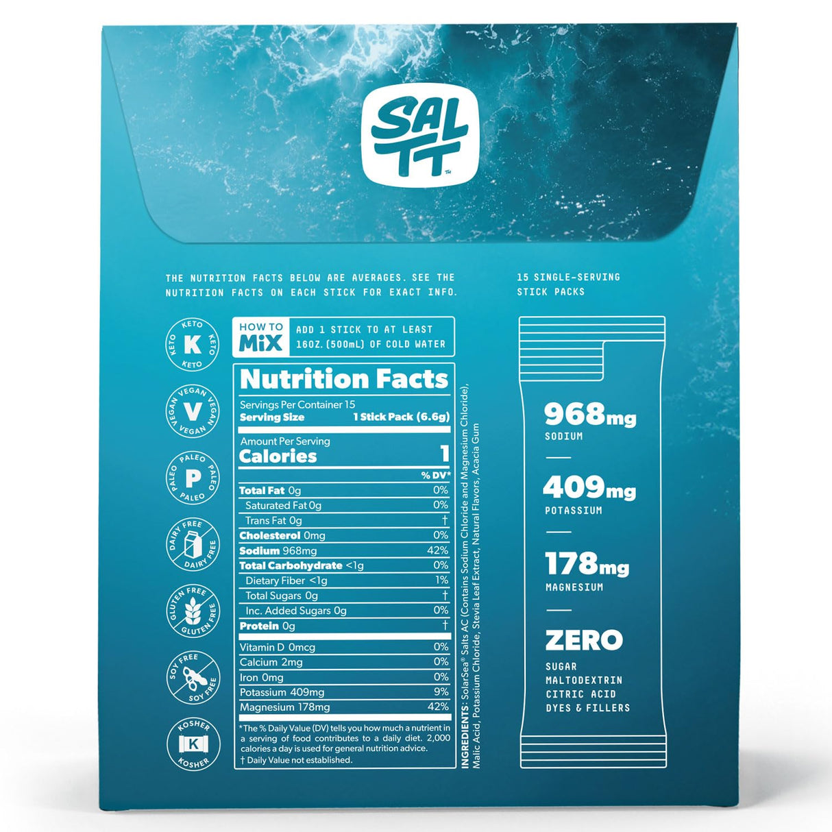 Ultra Variety Electrolyte Drink Mix - 15 Sticks nutrition label showing sodium, potassium, magnesium content, and mix instructions.