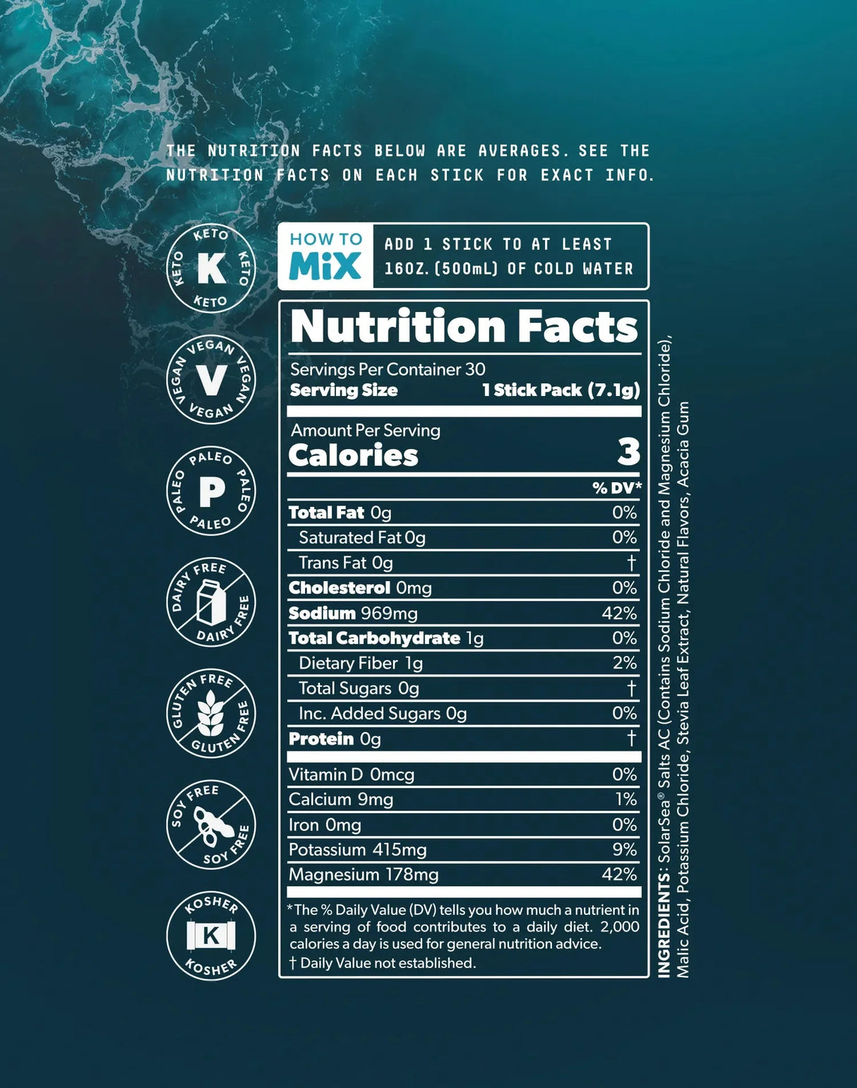 Nutrition facts label for Ultra Variety Electrolyte Drink Mix - 30 Sticks by SALTT with keto, vegan, paleo, gluten-free icons
