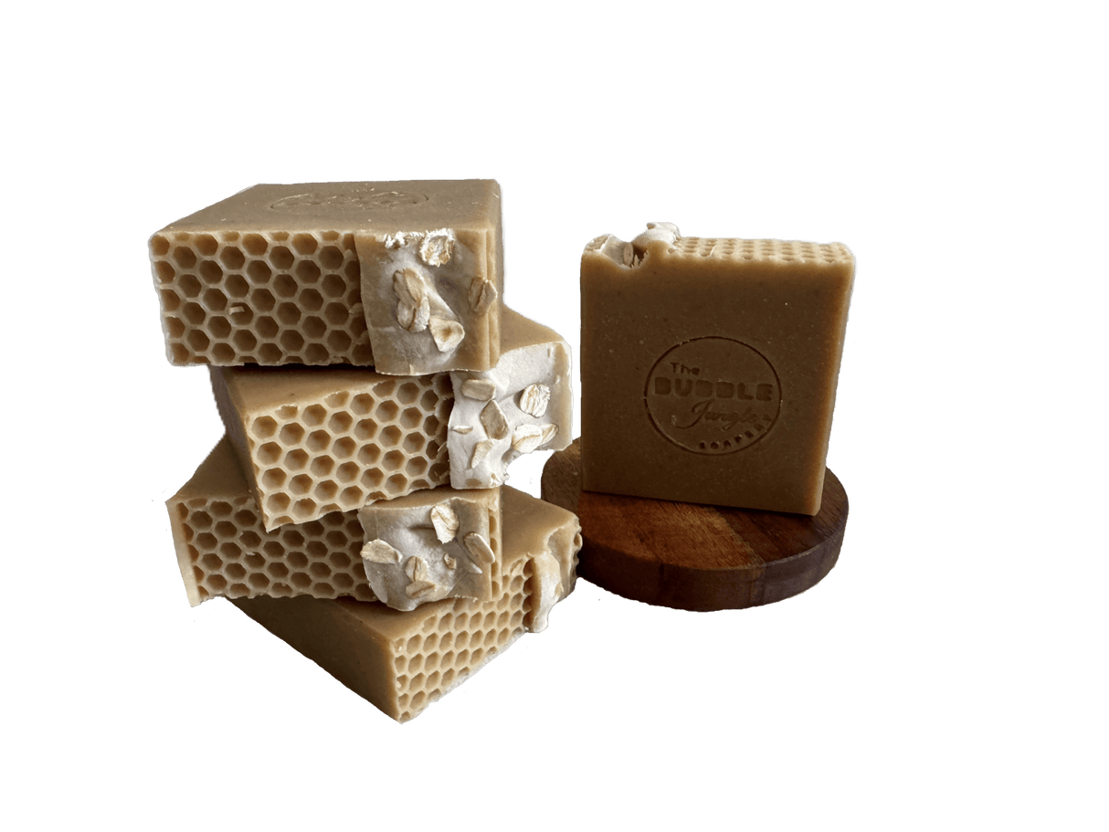 Unapologetically Naked Tallow Soap - 170g stacked honeycomb textured bars with The Bubble Jungle branding on wooden base