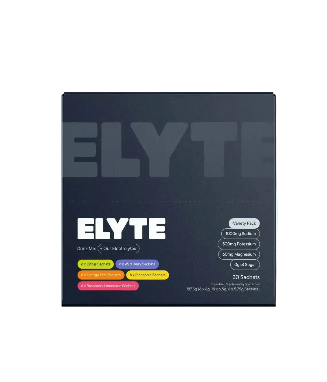Variety Hydration Drink Mix - 30 Sachets by Elyte, featuring electrolytes with citrus, wild berry, orange zest, pineapple, and raspberry flavors.
